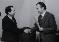 Zdislav Buříval congratulating Jaromír on his 50th birthday in 1975
