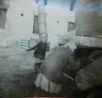 V pozadí matka Emma Bernertová na státním statku v obci Plučisko, kam rodinu poslali na zemědělské práce