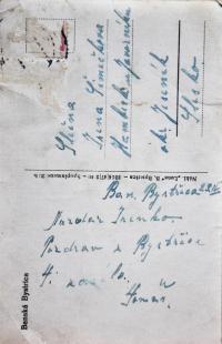 Pohlednice Bánské Bystrice, kterou Tomáš Ondruch poslal z vojny své budoucí ženě Ireně / 1946