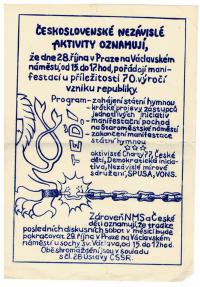 Leták k manifestaci v Praze k 70. výročí vzniku republiky z roku 1988