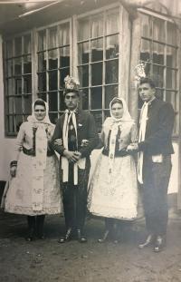 Bohuš (left) in the local Moravian costume, Hrušky 1949 
