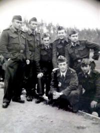 Ladislav Kafka (1958), photo from compulsory training military maneuvers (First right up), right next to known slovak actor Karol Machata.