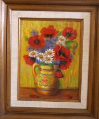 Obraz „Máky, chrpy a kopretiny“, který namaloval otec Hanky Neumannové Arnold Neumann pro svého přítele v roce 1941. K Hance Strernlichtové (Neumannové) se dostal nazpět po roce 1989.