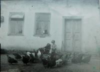 Sestra Marie Holátková v roce 1938 krmí slepice před rodinným hospodářstvím v osadě Frankov