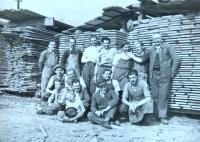 August Masár (first left) with their employees of the joinery and his father (first right) (40´s)