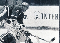 Milan Nový scores a goal in a match against Sweden. 1970's