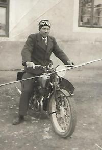 Václav Holba on his motorcycle, Bylnice 1940