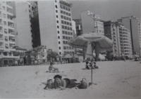Edith and her elder son, Uri, at Copacabana beach, 1952 
