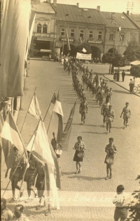 A Maccabi rally in Žilina in 1937 (Her brother, Kurt, with a drum on the left, behind a banner) 
