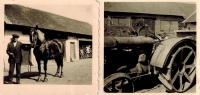 Fotky statku z období druhé světové války, vpravo – malý děda Josef na traktoru Fordsonu, vlevo – kočí s koněm, kterého krátce poté zrekvírovali pro armádu