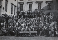 Prague University Ensemble, 1958. In the photo, Jan Kefer is holding a sign with the year on the lower right