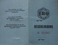 Průkaz IRO obálka. IRO = International Refugee Organisation