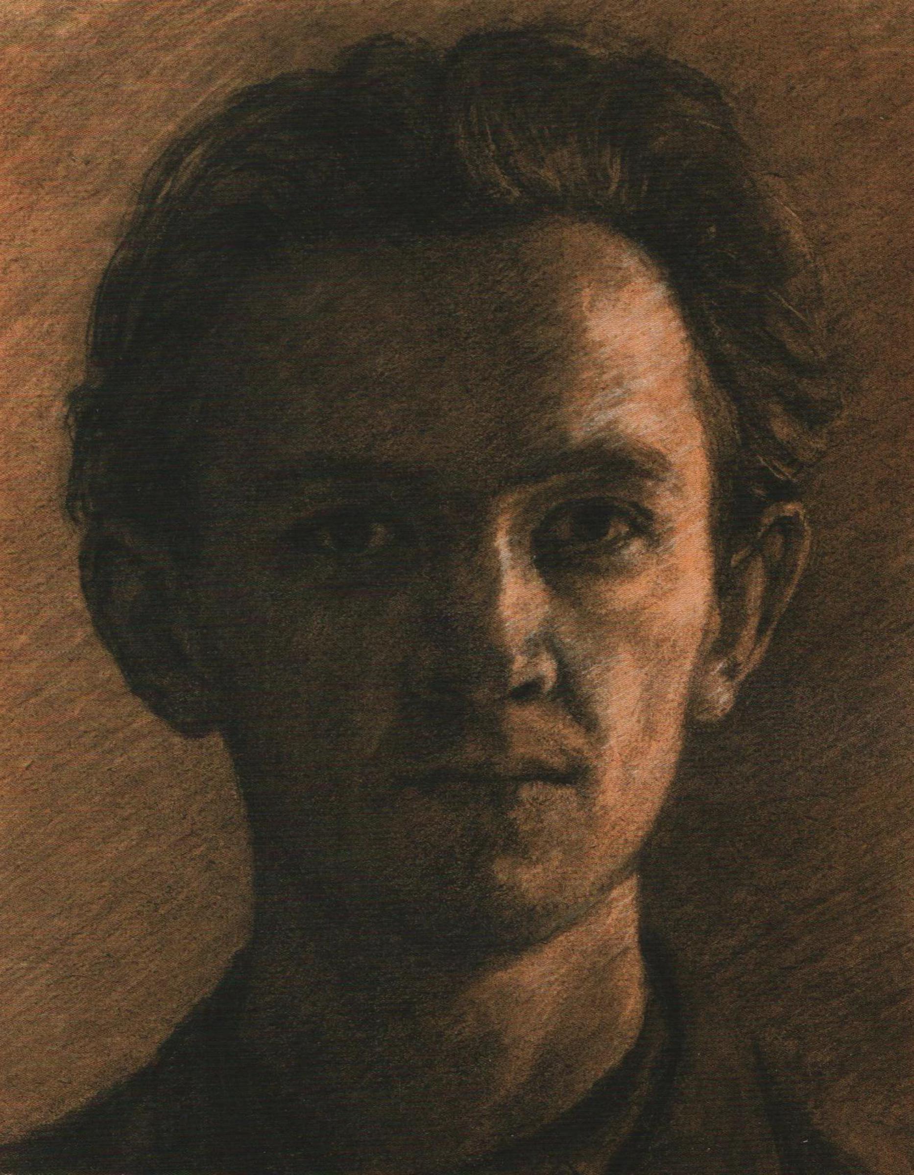 Autoportrét, 1954, 32 x 25 cm, kresba uhlem, malováno v Josefově studentském, špatně osvětleném bytě v ul. Karoliny Světlé; návrh pro olej (který byl doplněn zobrazením malířovy ruky)